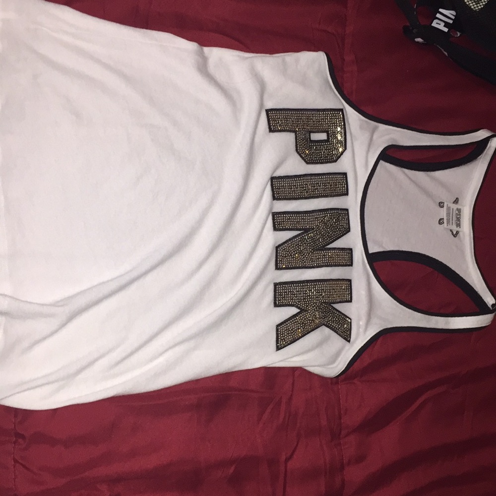 Pink muscle tee with gold lettering